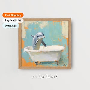 Dolphin in Bathtub Coastal Bathroom Art Print, Playful Nautical Beach House Wall Decor for Kids or Adults, Ocean-Themed Whimsical Painting