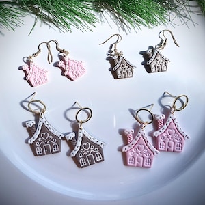 Christmas Gingerbread house Dangles Holiday Long Lightweight Clay Earrings