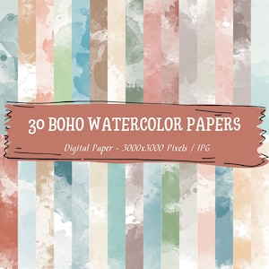 May include: 30 digital papers with a boho watercolor design. Each paper is 3000x3000 pixels and features a variety of colors, including beige, light blue, light green, and pink.