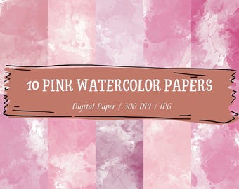 Può includere: Dieci carte acquerello rosa con varie tonalità di rosa e bianco. Le carte hanno un effetto acquerello strutturato. Il testo su uno striscione marrone recita "10 PINK WATERCOLOR PAPERS" e "Digital Paper / 300 DPI / JPG".