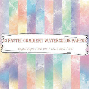 May include: Twenty pastel gradient watercolor digital papers, each measuring 12x12 inches, with a resolution of 300 DPI. The papers feature a variety of soft, blended colors, creating a delicate and dreamy aesthetic.