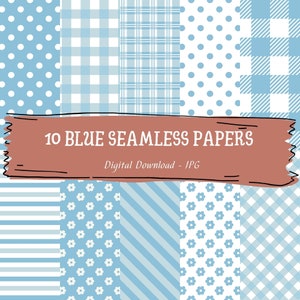 Blue Seamless Digital Paper, Blue Gingham Plaid Digital Paper, Scrapbook Paper Pack