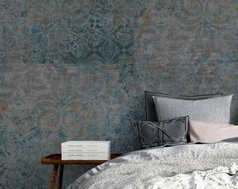 Old Rusty Wallpaper, Vintage Damask Pattern Wall Mural, Concrete Texture Peel and Stick Wallpaper