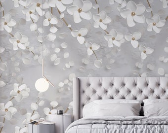 3D Flower Wallpaper, White Floral Wall Mural, Gold Peel and Stick Wallpaper