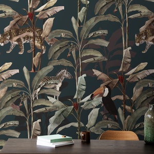 Dark Botanic Wallpaper Tropical Animals Wall Mural Leopard Bird Zebra Peel and Stick Wallpaper
