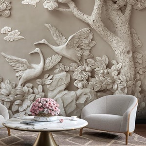 Carta da parati personalizzata con effetto 3D, grande murale con rilievo stereoscopico dorato europeo, murale con scultura di uccelli e alberi