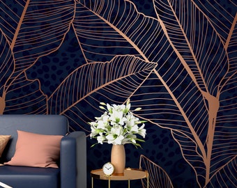 Carta da parati tropicale blu navy e oro: murale a foglie blu scuro, adesivo.