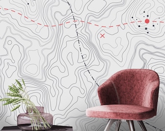 Topographic Map Wallpaper, Black and White Wall Mural, Peel and Stick