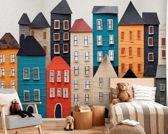 Colorful Town Wallpaper Mural, Kids Room Peel and Stick