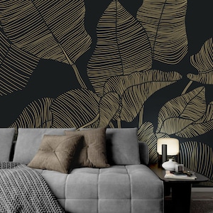 Carta da parati con foglie tropicali dorate, murale con linee dorate, carta da parati moderna Art Déco staccabile e attaccabile