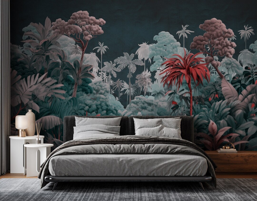 Tropical Palm Jungle Wallpaper, Exotic Dark Teal Forest Wall Mural ...