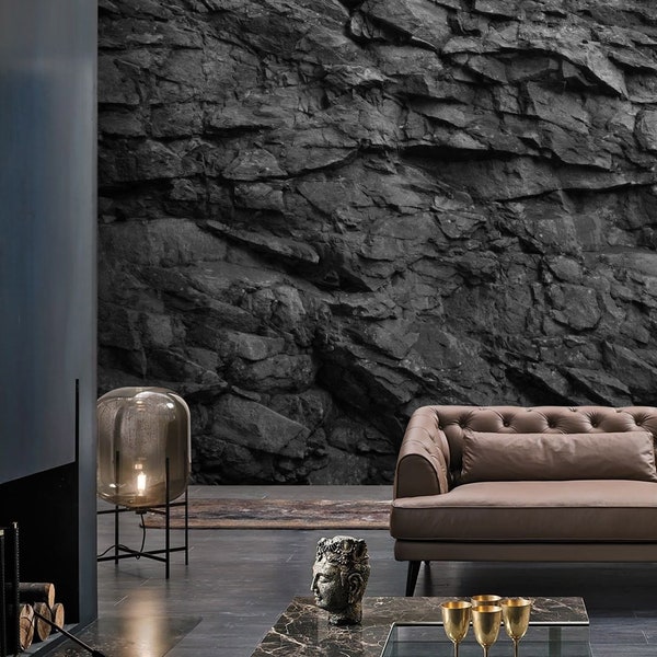 Rock Wallpaper, 3D Stone Texture Wall Mural, Dark Realistic Peel and Stick Wallpaper