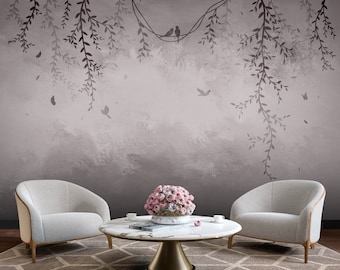 Flying Birds Wallpaper, Branches Wall Mural, Soft Colors Peel and Stick Wallpaper