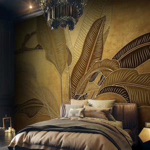 Gold Banana Leaf Wallpaper, Tropical Wall Mural, Peel and Stick - Etsy