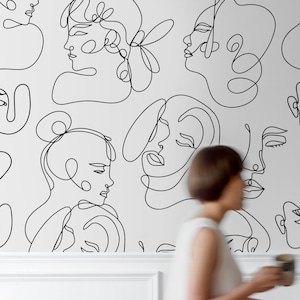 Art Wallpaper, Peel and Stick Wallpaper, Minimalist Wallpaper, Black White Drawing Line Art Wallpaper