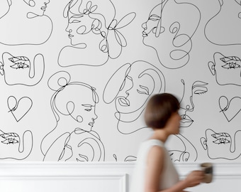 Papel pintado con líneas de rostro femenino - Mural de pared minimalista autoadhesivo