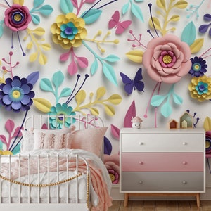 3D Floral Kids Wallpaper, Nursery Flower Wall Mural, Baby Room Peel and Stick Wallpaper