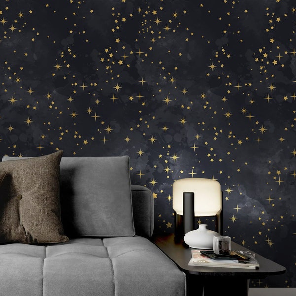 Starry Night Peel and Stick Wallpaper Space Wallpaper Kid’s Room Wallpaper Gold Stars Self Adhesive Decal