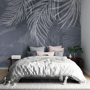 Palm Wallpaper, Tropical Leaves Wall Mural, Grunge Peel and Stick Wallpaper