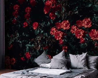 Red Flowers Wallpaper, Red Floral Wall Mural, Bush Rose Peel and Stick Wallpaper