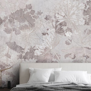Wildflowers on Concrete Wallpaper Grunge Wall Mural Loft Modern Floral Peel and Stick Wallpapers