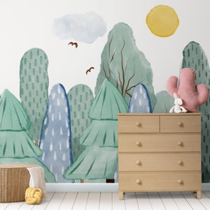 Cute Kids Wallpaper, Watercolor Tree Wall Mural, Forest Baby Room Peel and Stick Nursery Wallpaper