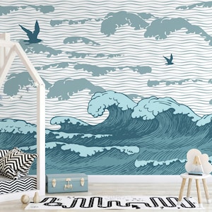 Carta da parati con onde cinesi, murale per cameretta dei bambini con tema mare, carta da parati con onde dell'oceano da staccare e attaccare