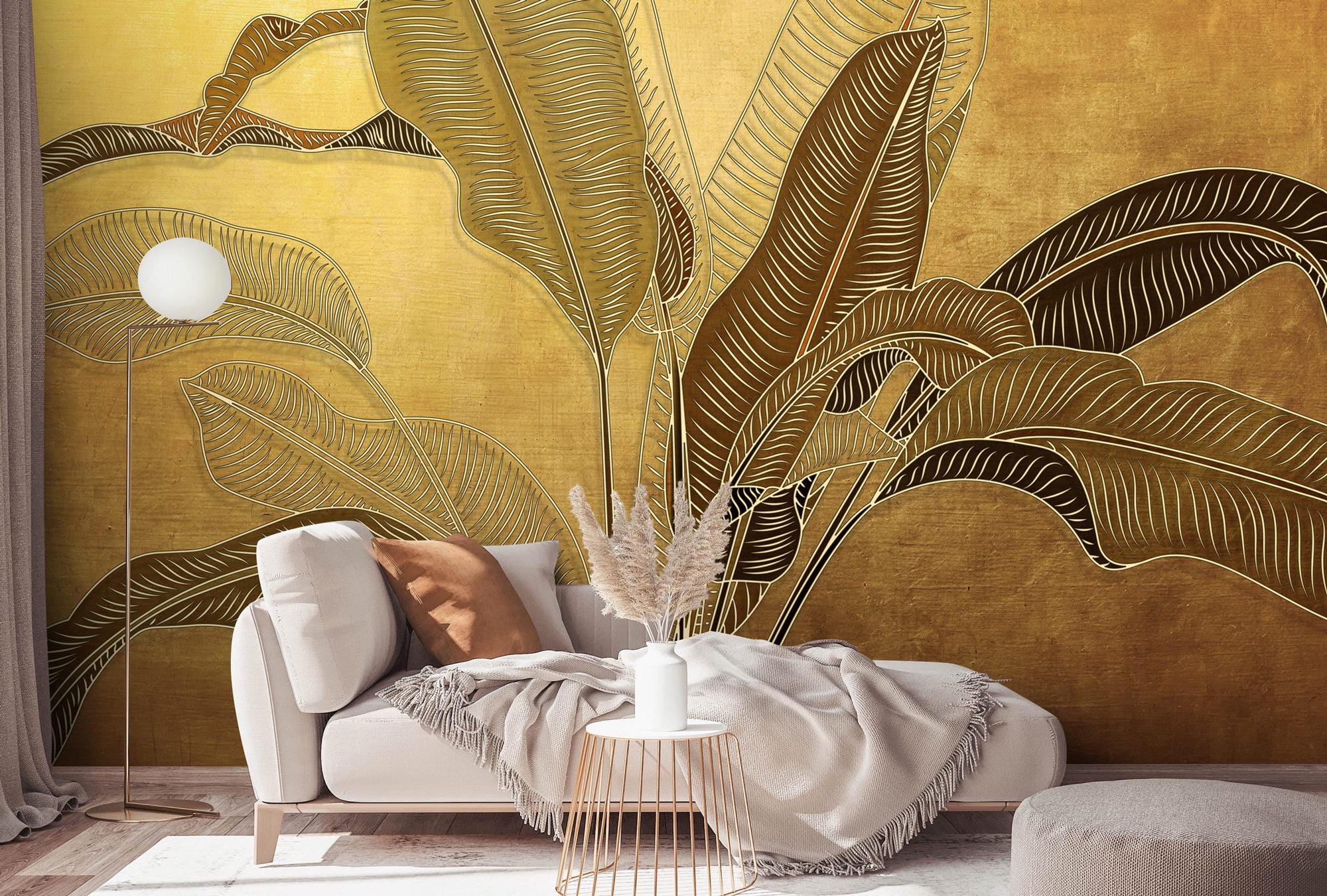 Gold Tropical Wallpaper, Gold Banana Leaves Wall Mural Peel and Stick ...
