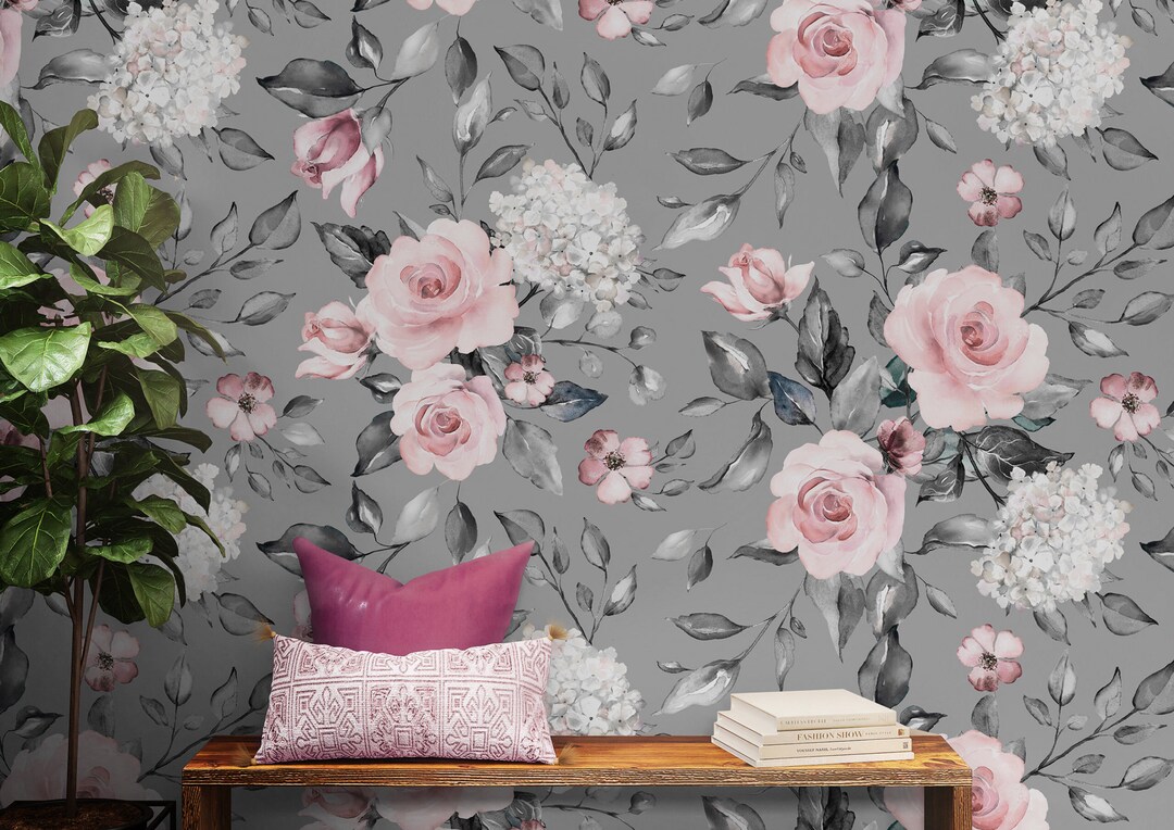 Floral Wallpaper, Watercolor Soft Flowers Wall Mural, Peel and Stick ...