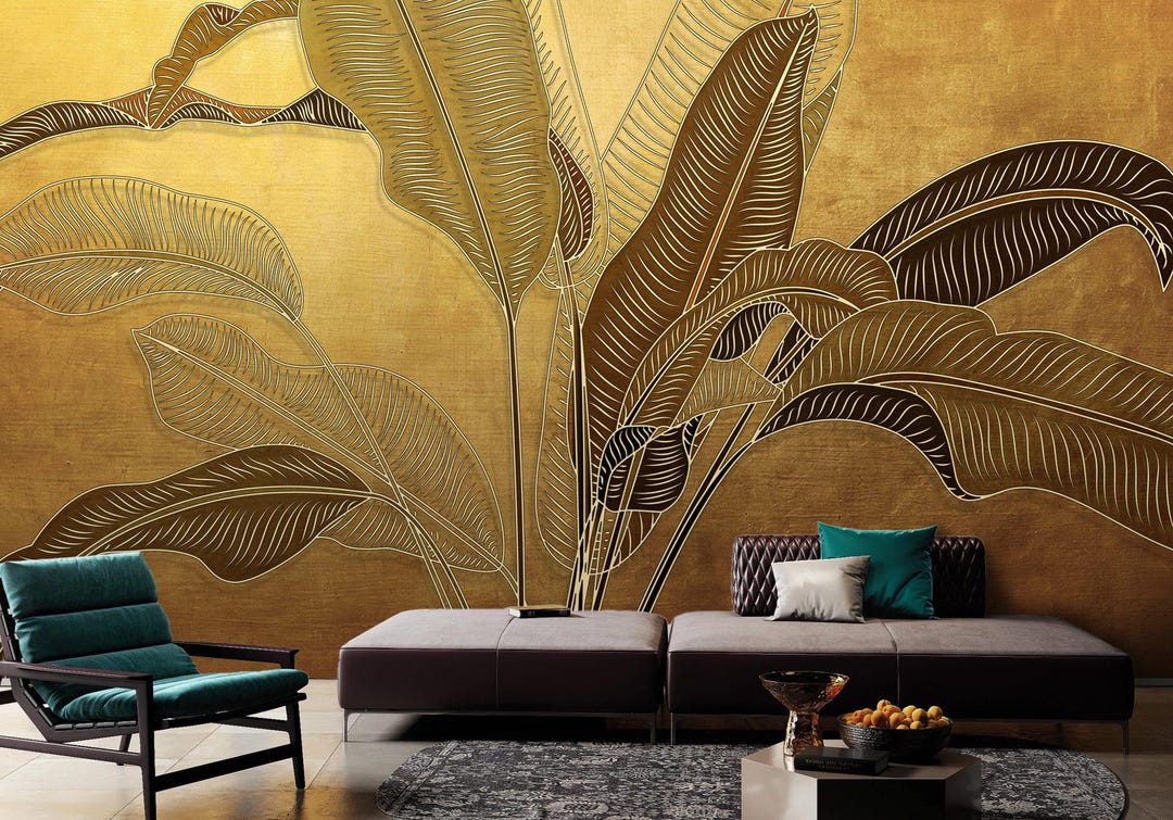Gold Banana Leaf Wallpaper, Tropical Wall Mural, Peel and Stick - Etsy