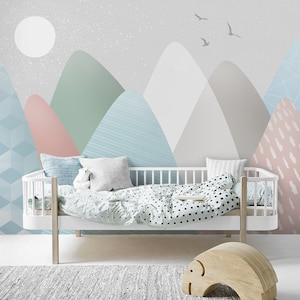 Mountain Kids Wallpaper, Mountains Wall Mural, Pastel Colors Nursery Peel and Stick Wallpaper