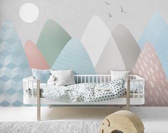 Mountain Kids Wallpaper, Mountains Wall Mural, Pastel Colors Nursery Peel and Stick Wallpaper