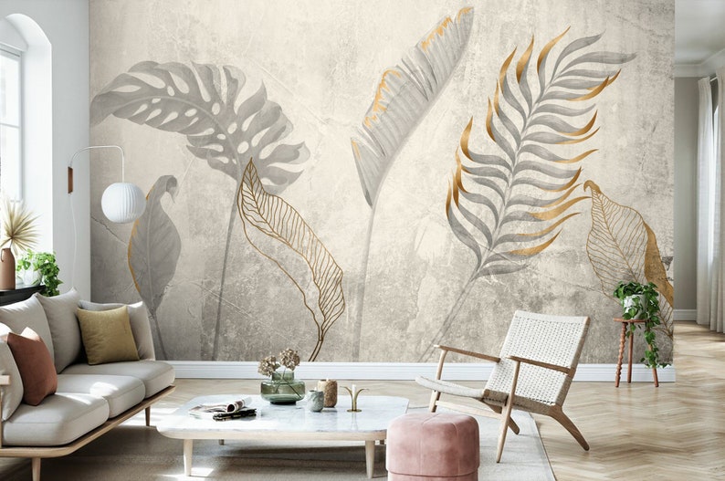 Gold Palm Leaf Wallpaper Tropical Leaves Wall Mural, Distressed Texture