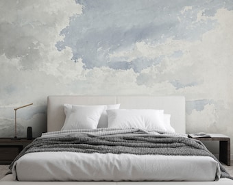 水彩画の雲の壁紙、貼ってはがせる空の壁画、ミニマリストアート