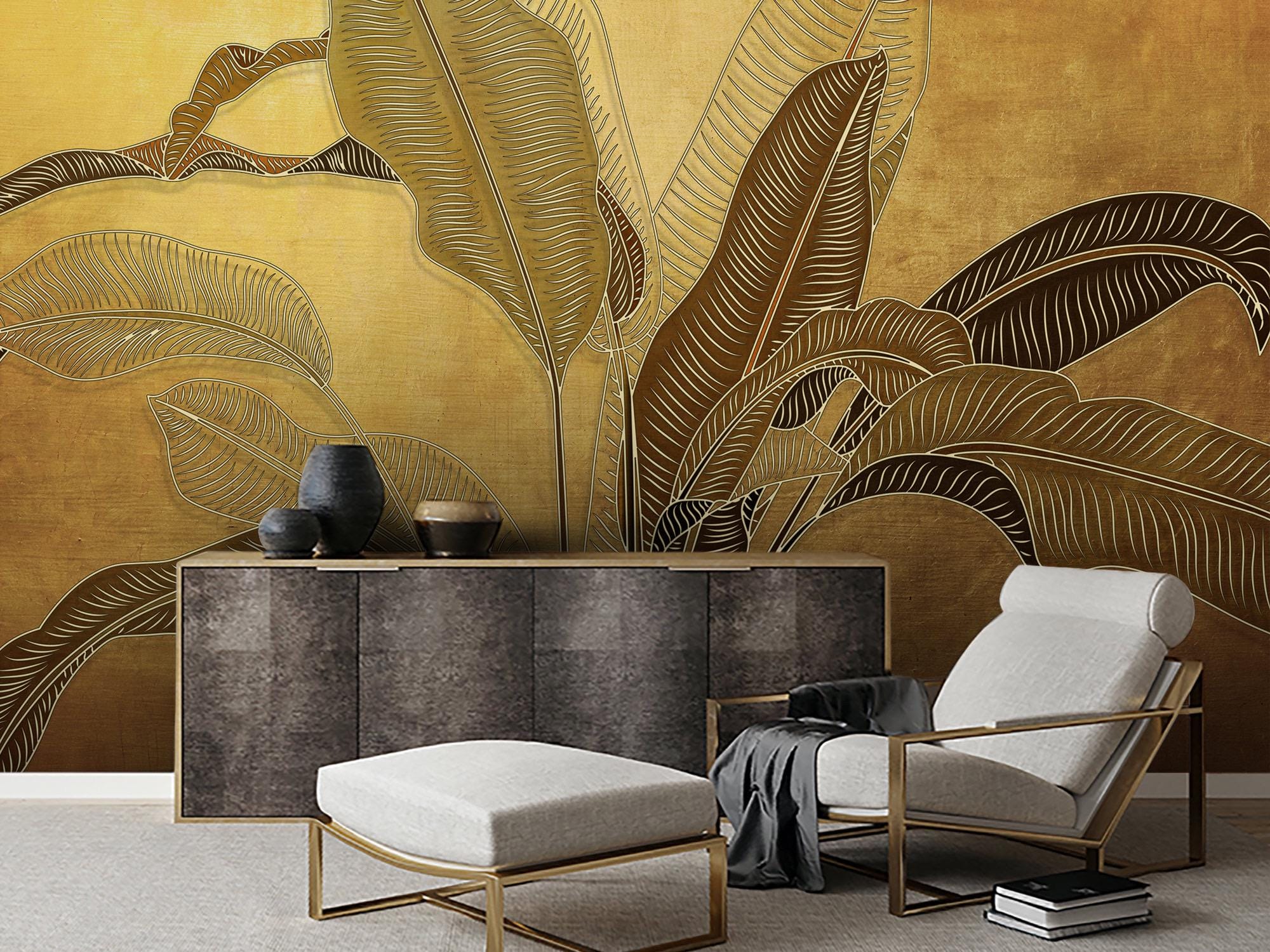 Gold Banana Leaf Wallpaper, Tropical Wall Mural, Peel and Stick - Etsy