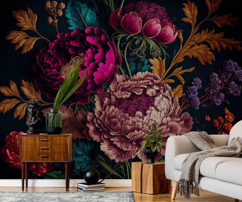 Dark Floral Peony Wallpaper, Vintage Botanical Peel and Stick Wall ...