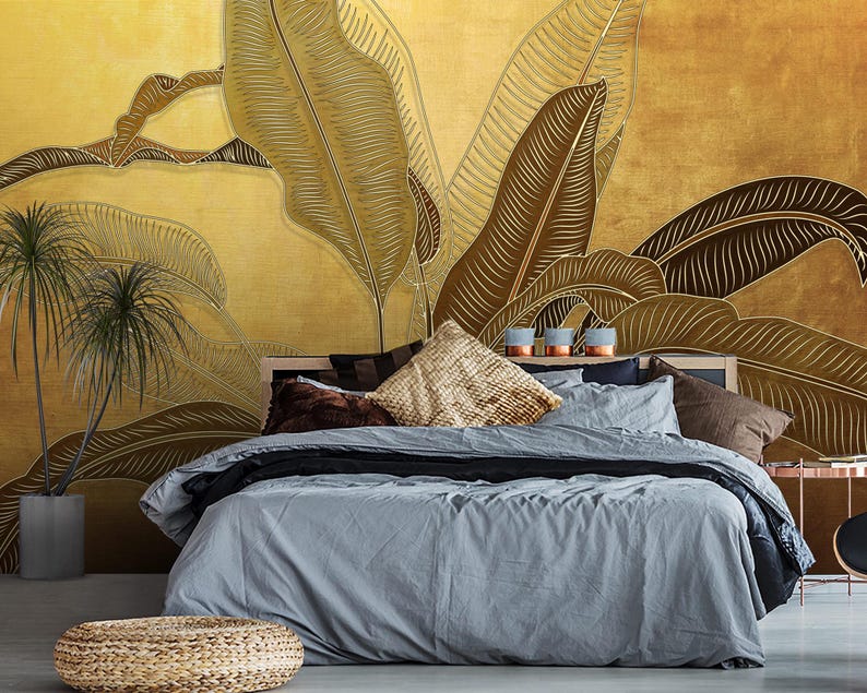 Gold Banana Leaf Wallpaper, Tropical Wall Mural, Peel and Stick - Etsy