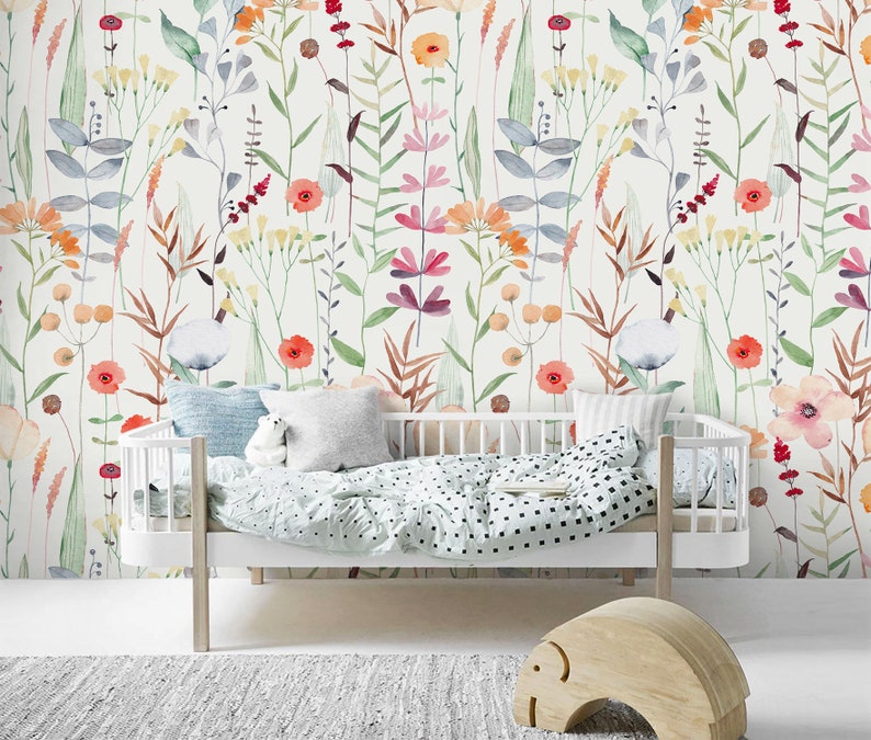 Floral Kids Wallpaper: Watercolor Flower Wall Mural, Peel and Stick - Etsy