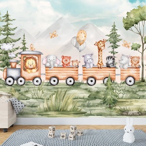 Carta da parati per bambini con animali ad acquerello, treno, natura, carta da parati per bambini, carta da parati staccabile e adesiva