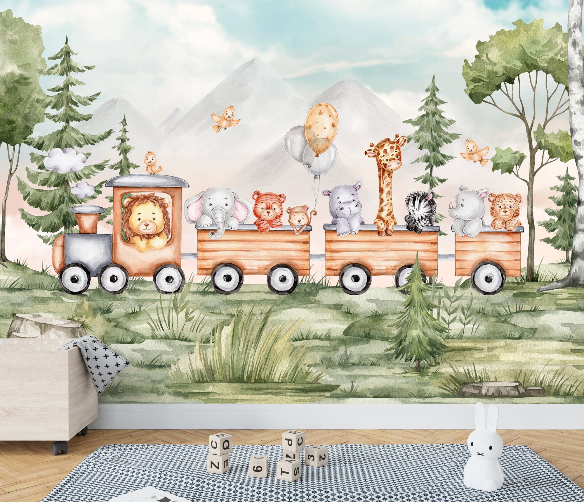 Watercolor Animals Kids Wallpaper Train Nature Nursery Wall Mural Peel and  Stick Wallpaper - Etsy, image size:2000x1717