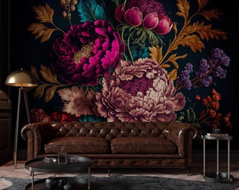 Dark Floral Peony Wallpaper, Vintage Botanical Peel and Stick Wall Mural