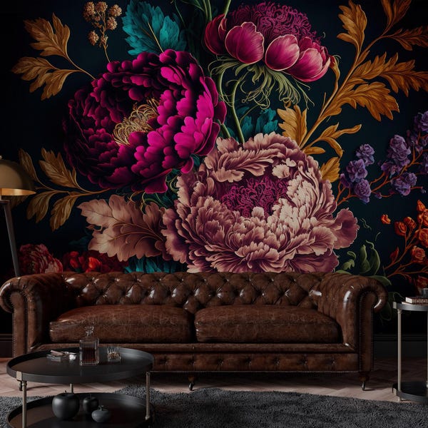 Dark Floral Peony Wallpaper, Vintage Botanical Peel and Stick Wall Mural
