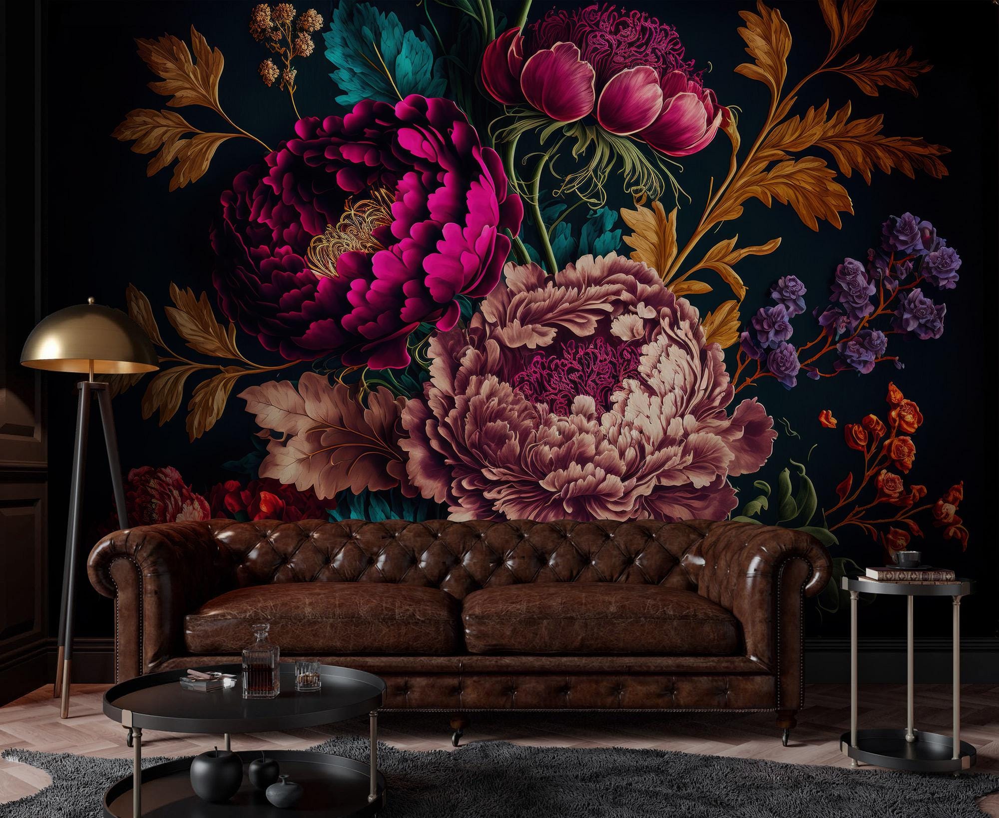 Dark Floral Peony Wallpaper, Vintage Botanical Peel and Stick Wall ...
