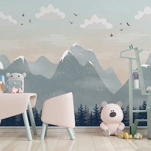 Mountain Kids Wallpaper, Cute Tree Wall Mural, Baby Room Peel and Stick Nursery Wallpaper