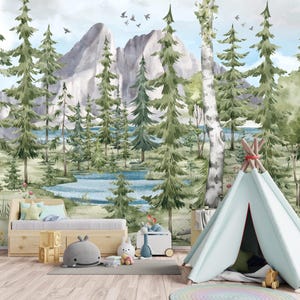 Watercolor Forest Wallpaper, Mountain Landscape Wall Mural, Peel and Stick Pine Trees Self Adhesive Removable Kids Room Wallpaper