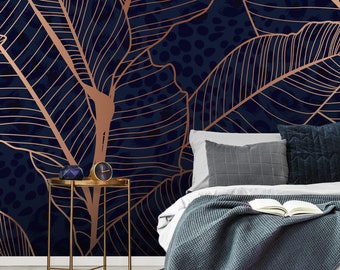 Gold Leaf Wallpaper Tropical Wall Mural Blue Background Peel and Stick Wallpaper