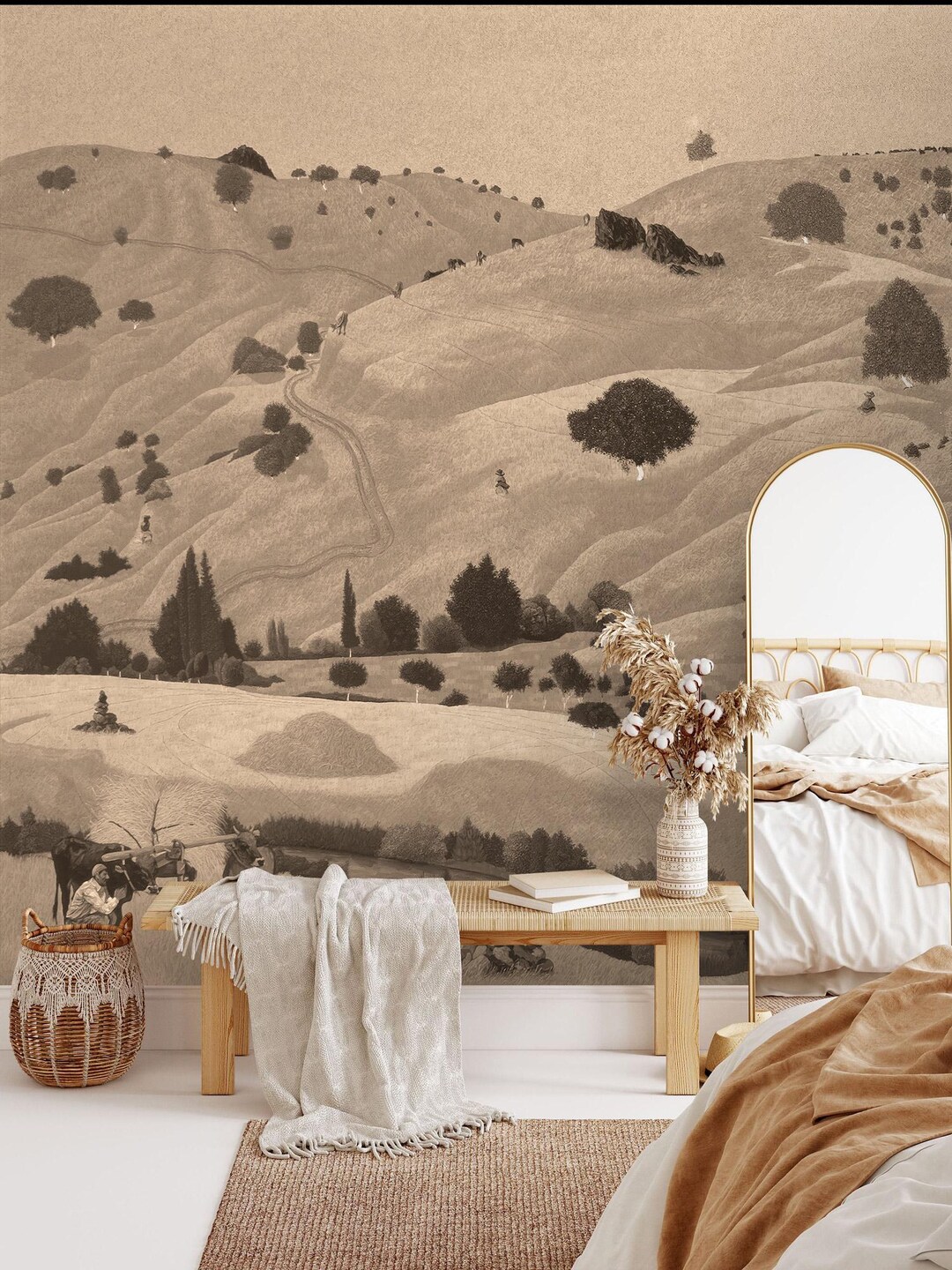 Sepia Pastoral Landscape Wallpaper, Vintage Countryside Peel and Stick ...