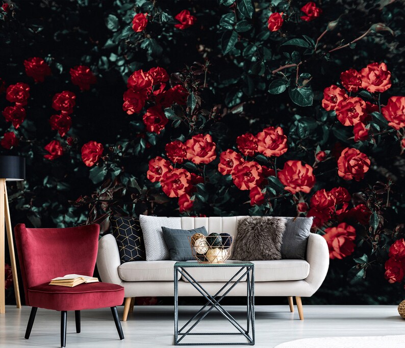 Red Flowers Wallpaper, Red Floral Wall Mural, Bush Rose Peel and Stick
