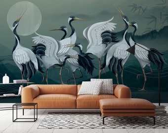 Crane Birds Wallpaper, Heron Wall Mural, Vintage Asian Wall Art Peel and Stick Wallpaper