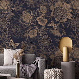 Dark Floral Wallpaper Peel and Stick, Gold Look Floral Wall Mural, Gold Peony Wallpaper